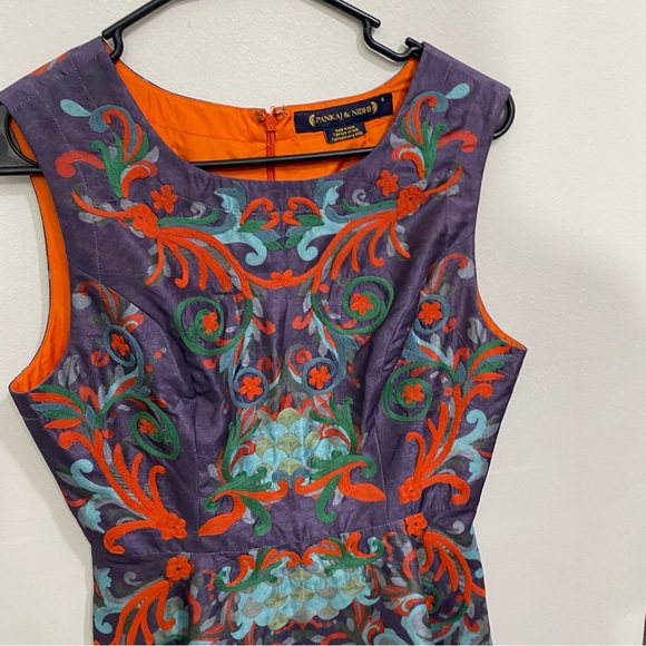 Anthropologie‎ Pankaj & Nidhi Octave Floral Embroidered Applique Mini Dress Sz 4 - Picture 3 of 7